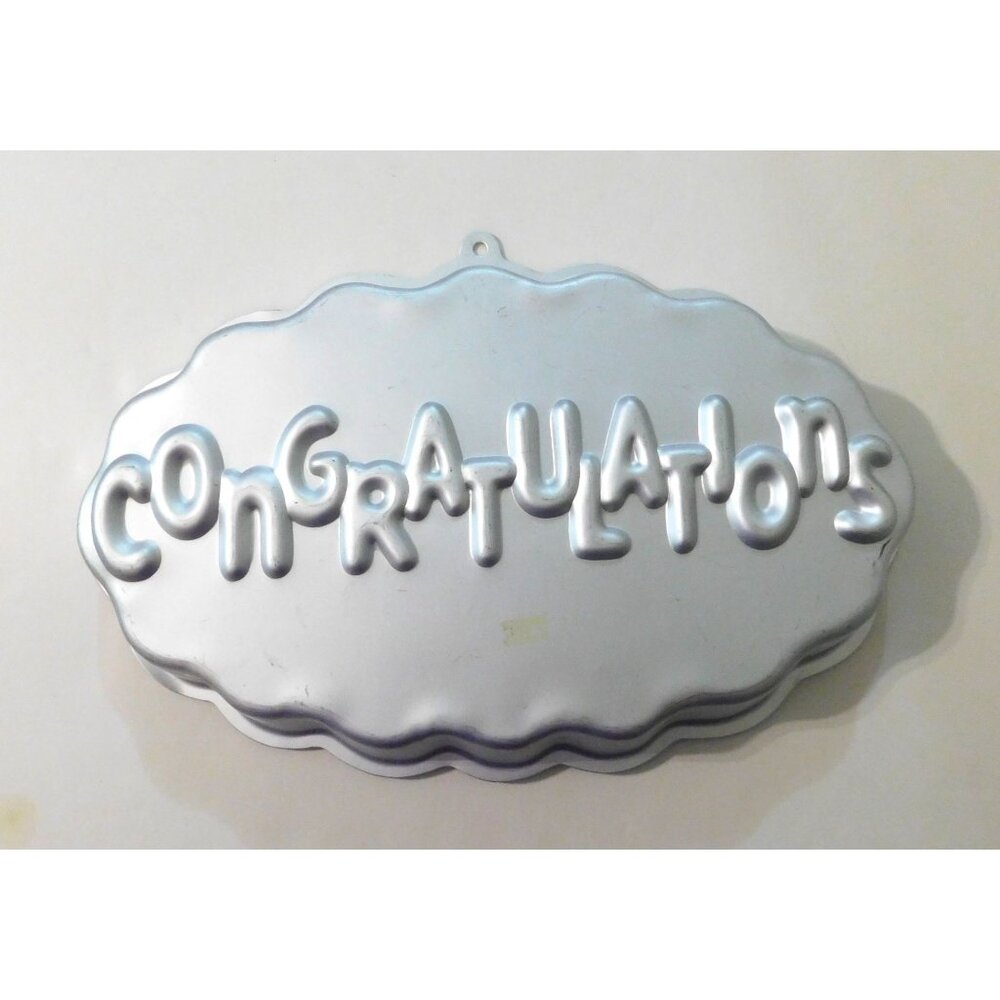 Wilton Congratulations Cake Pan Vintage 1986 Scalloped Oval Aluminum Baking